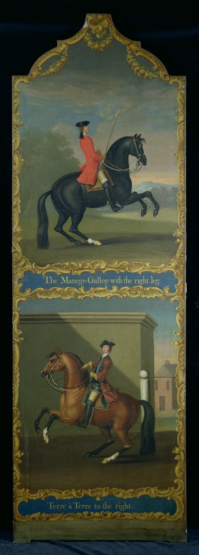„A manézsvágta jobb lábbal” (fent) és „Terre a Terre jobbra” (lent), 1750 körül alkotó: Thomas, of Pall Mall Butler